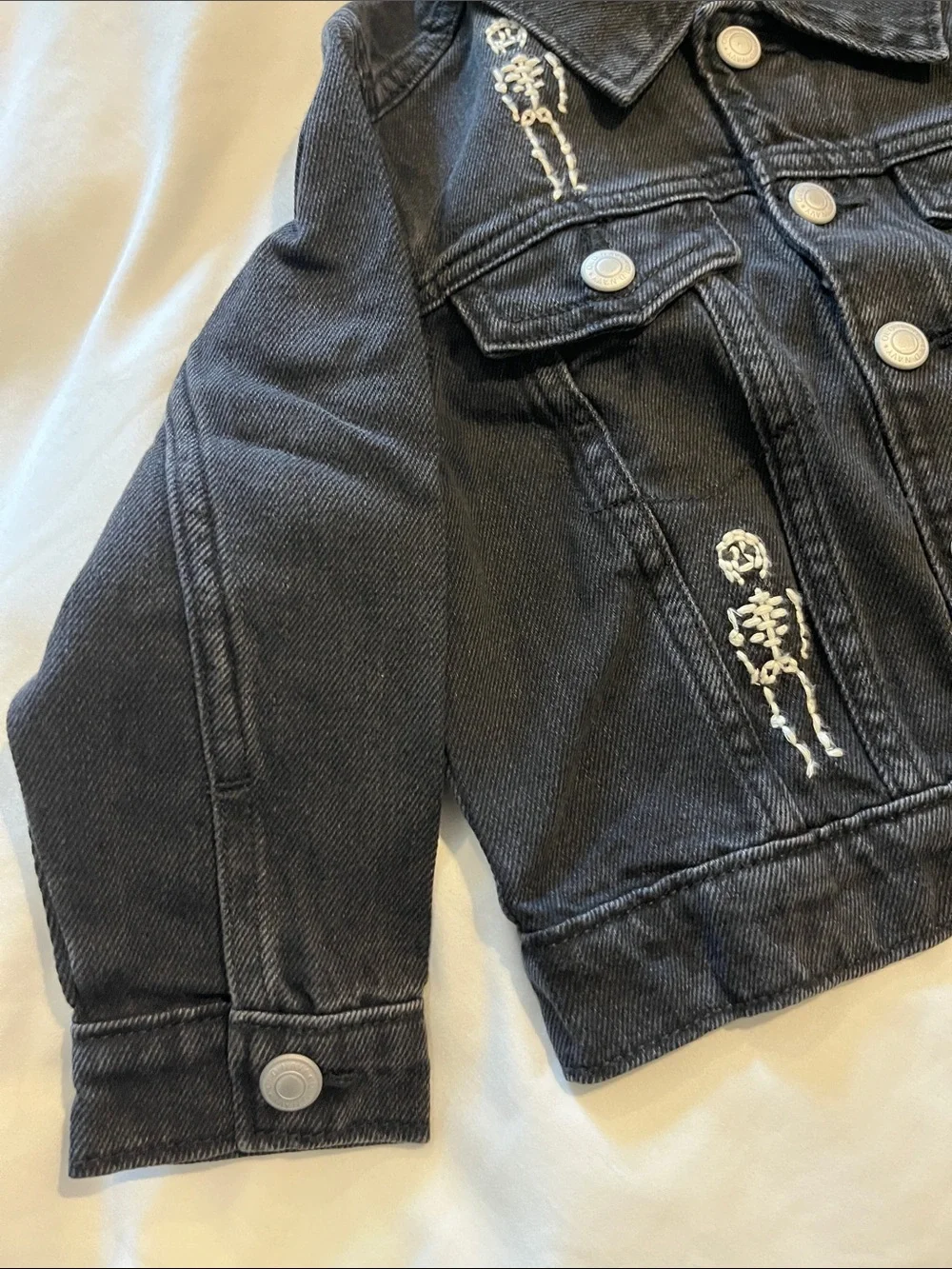 NWT Old Navy Black Denim Kids Jacket with White Skeleton Embroidery
